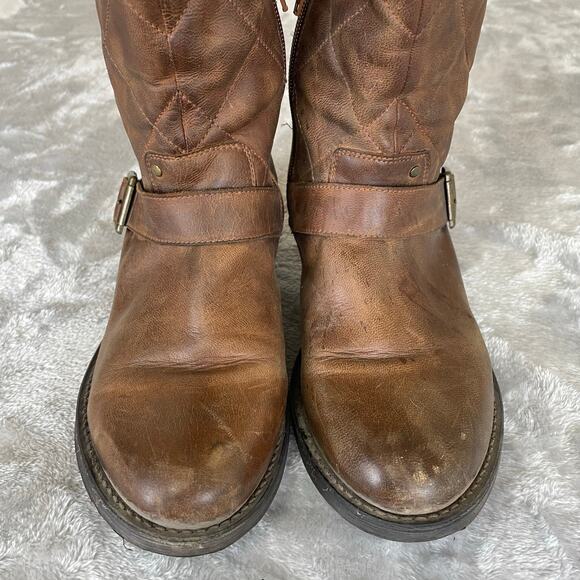 Steve Madden Boots Sz 8.5 Mid Calf Motorcycle Chunky Biker Brown Distressed Boho - Picture 7 of 11